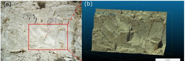 Figura 1. (a) Fotografía de un talud rocoso en San Blas, Alicante; (b) nube de puntos 3D del talud rocoso escaneado con un láser escáner terrestre. Fuente: http://hdl.handle.net/10045/51107